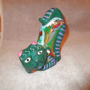 TALAVERA Mexican Folk Art CAT Sculpture PAINTED SCENE Sun CACTUS Pottery DECOR